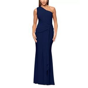 AQUA Long One Shoulder Ruched Dress Navy Size 12 0680